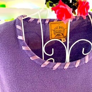 Purple sweater top with light purple ribbon trim